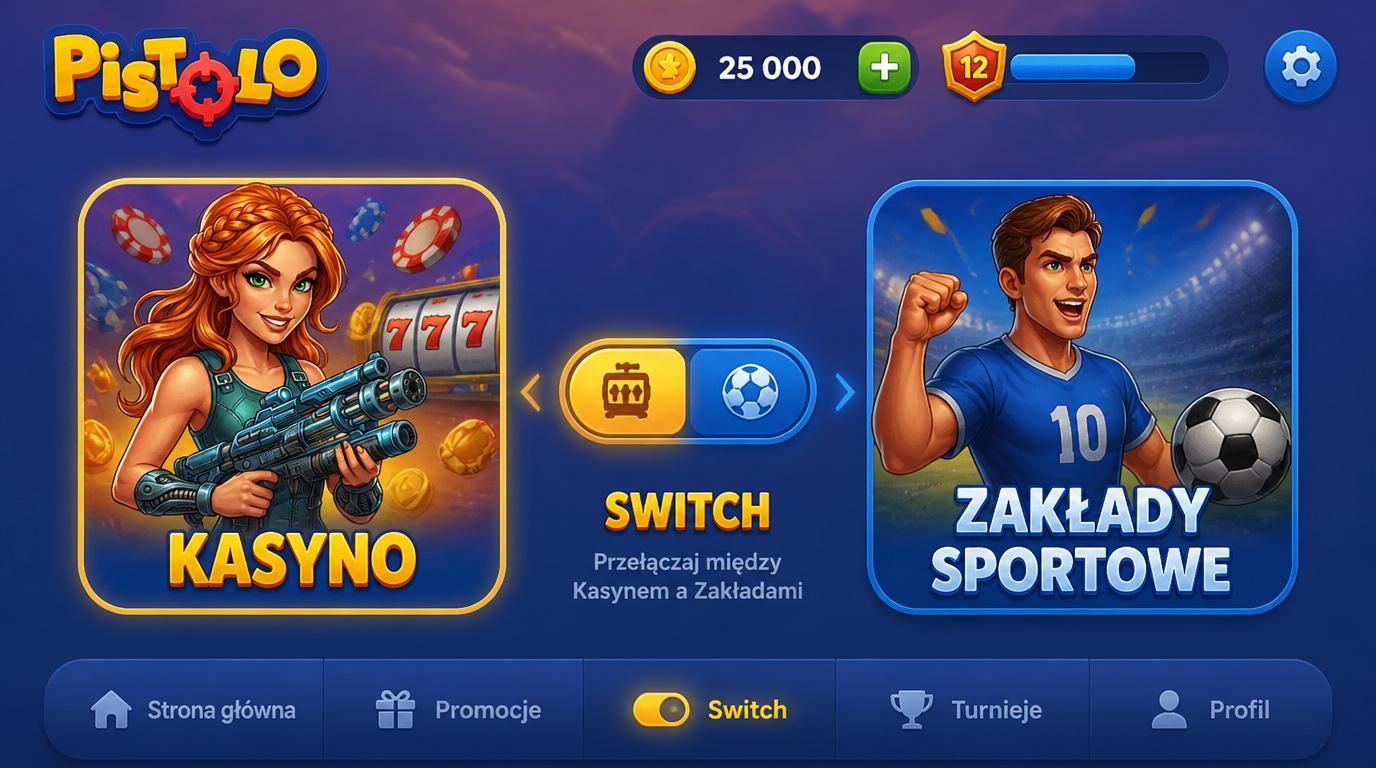 Ekran aplikacji z przełącznikiem między kasynem i zakładami