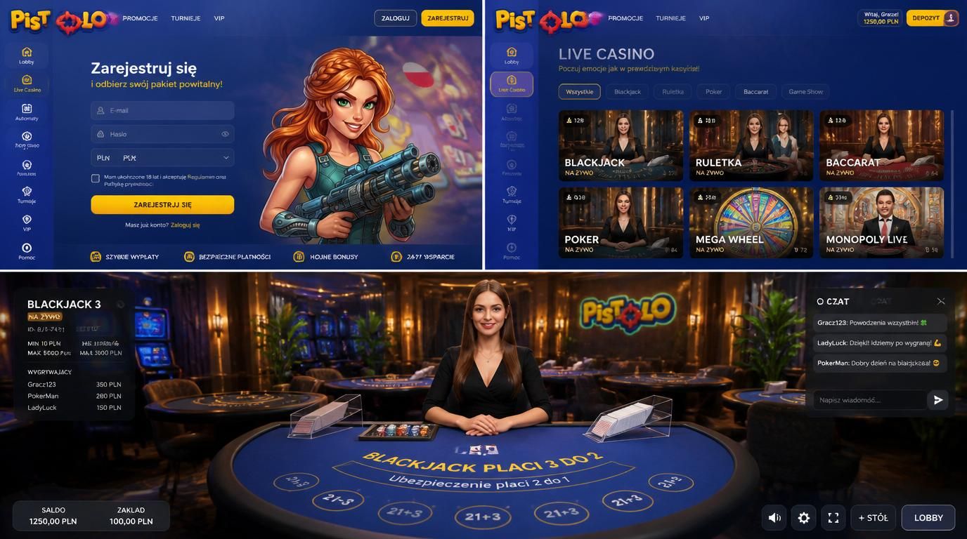 Ekran rejestracji oraz widok stolika live w Pistolo Casino, dealer i gra w toku