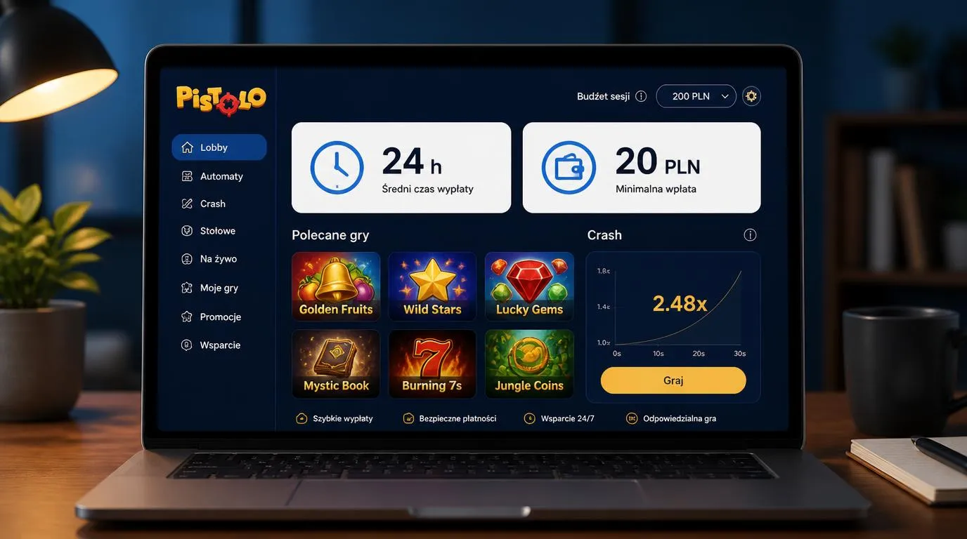 Panel kasyna z oznaczeniami 24 h i 20 PLN oraz kafelkami automatów i gier crash