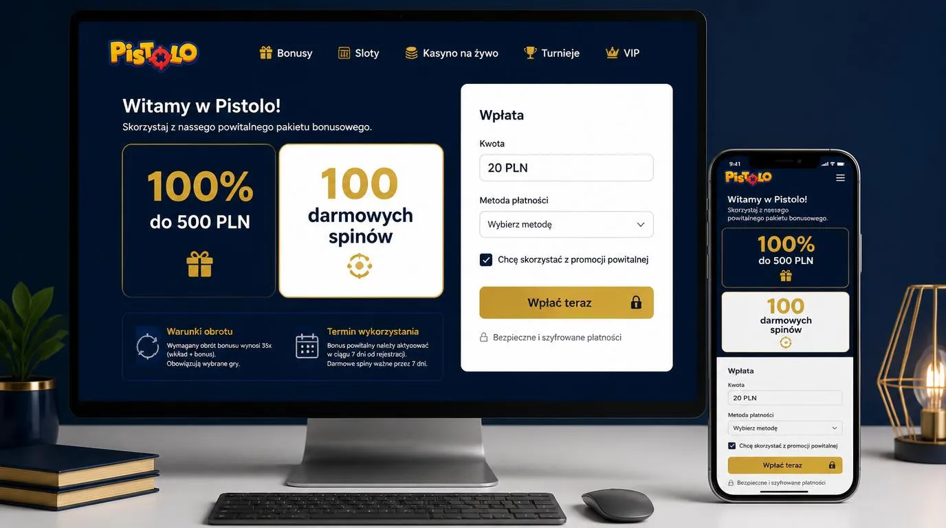 Panel bonusu powitalnego 100% do 500 PLN i 100 darmowych spinów obok pola depozytu 20 PLN