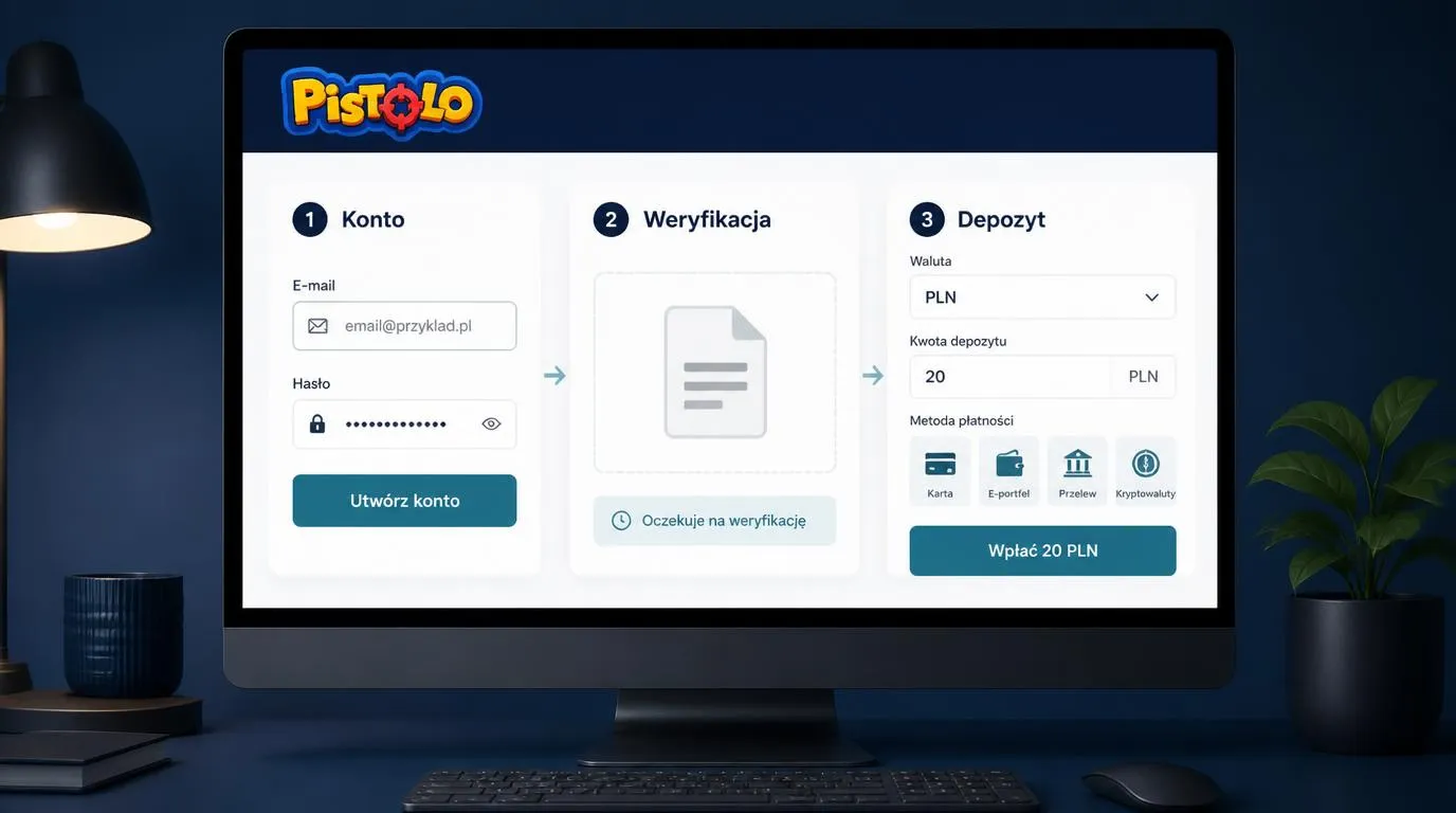 Schemat zakładania konta, weryfikacji dokumentów i pierwszej wpłaty w PLN w kasynie online