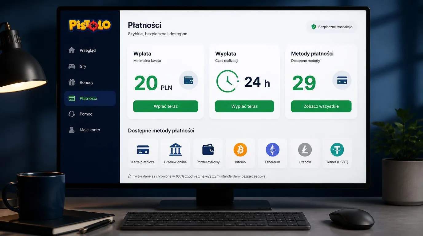 Panel płatności z depozytem 20 PLN, zegarem 24 godzin i ikonami portfela elektronicznego oraz kryptowalut