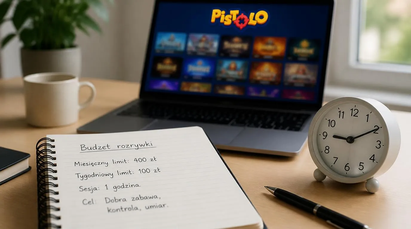 Notes z budżetem na rozrywkę i zegarek obok laptopa z neutralnym katalogiem gier kasynowych